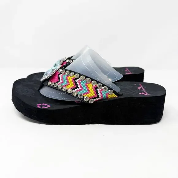 NWT Montana West Black/Multicolor Chunky Flipflops with Rhinestones Cross Detail - Picture 4 of 9
